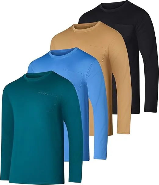 Real Essentials 4 Pack: Men's Dry-Fit Active Athletic Long Sleeve Pocket Crew T-Shirt Outdoors UPF 50 S-5XLT