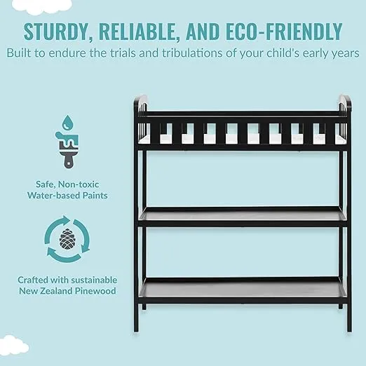Dream On Me Emily Changing Table In Black, Comes With 1" Changing Pad, Features Two Shelves, Portable Changing Station, Made Of Sustainable New Zealand Pinewood