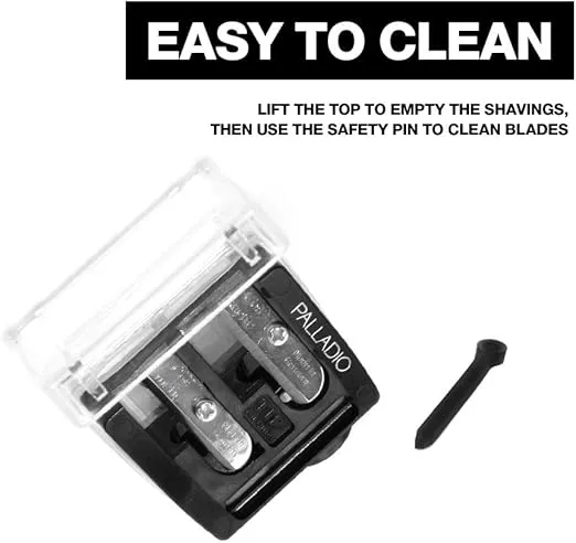 Palladio Double Barrel 3 in 1 Cosmetic Pencil Sharpener with Cover, Stainless Steel Blade, Size Adjuster, Essential for Small and Extra Large Lip Liner, Eyeliner, Brow Pencils