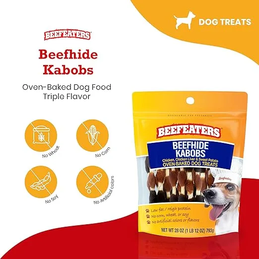 Beefeaters Dog Treats - Beefhide Kabobs 28oz Baked | Dog Food with Real Chicken, Liver & Sweet Potato | Long-Lasting Chew | Promotes Dental Health | Dog Training Treats for All Dog Sizes
