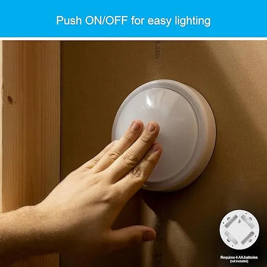 GE Tap Light Battery Operated,White,Push Light,Stick On Lights,Wireless Lights,Portable,Under Cabinet Lighting,Perfect for Under Cabinets,Closet,Nightstand,Bathroom,Hallway,54807