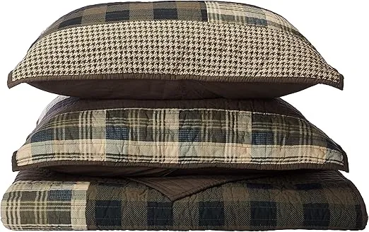 Woolrich Winter Plains Reversible Quilt Set - Cottage Styling Reversed to Solid Color, All Season Lightweight Coverlet, Cozy Bedding Layer, Matching Shams, Oversized Full/Queen, Stripes Taupe 3 Piece