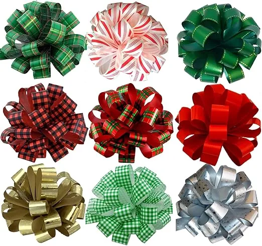 Large Assorted Christmas Pull Bows - 8" Wide, Set of 9, Variety Pack Ribbons for Gifts, Red, Green, Gold, Silver, Plaid, Buffalo Check, Gingham, Presents, Wreaths, Garlands, Swag
