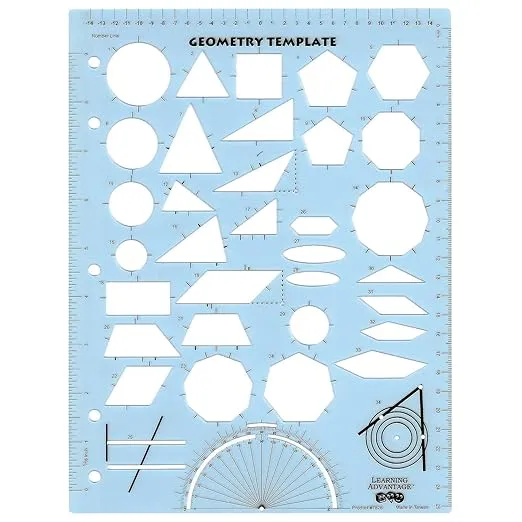 LEARNING ADVANTAGE Geometry Template - Sturdy Geometric Stencil to Draw 2D Shapes and Measure Angles - Includes Ruler plus a Number Line with Negative Values