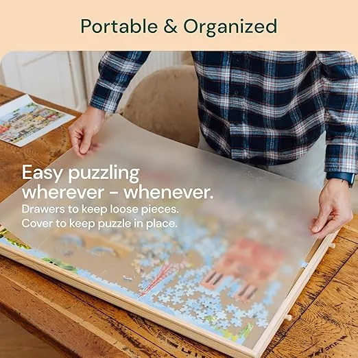 PlayVibe Puzzle Locker 1500 Piece Puzzle Board with Drawers and Cover - Puzzle Solve Station - Sturdy Puzzle Table with 6 Drawers 27" x 35" - Jigsaw Portable Wooden Puzzle Tray, Puzzle Accessories