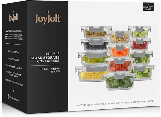 JoyJolt 24pc Fluted Glass Storage Containers with Lids. 12 Airtight, Freezer Safe Food Storage Containers, Pantry Kitchen Storage Containers, Glass Meal Prep Containers for Lunch