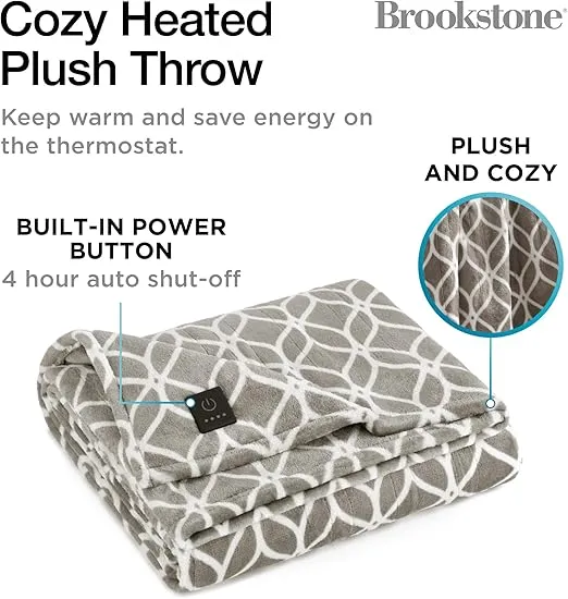 Brookstone Heated Plush Throw Heated Blanket Throw - Heated Throw Blanket Electric - Heated Blankets - 4 Heat Settings, 4-Hour Auto Shut Off, 100% Polyester, 50"x60" - Taupe Trellis