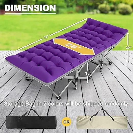 Slendor Folding Camping Cot with Mattress, 74" L x 28" W x 15" H Camp Cots for Adults, Portable Sleeping Cot Bed for Tent, Office, Travel, Max. 500lbs Load, Striated Gray Cot, Gray+Purple Pad