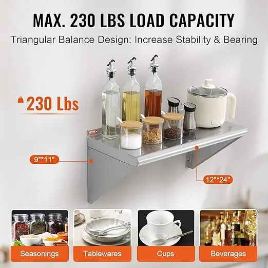 VEVOR Stainless Steel Shelf, Wall Mounted Floating Shelving with Brackets, Commercial Shelves, Heavy Duty Storage Rack for Restaurant, Kitchen, Bar, Home, and Hotel