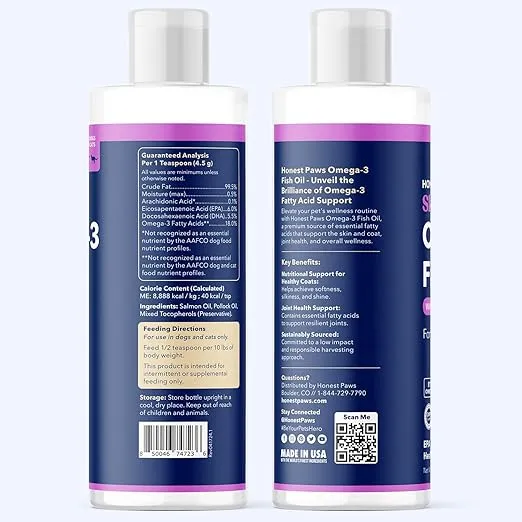 Honest Paws Salmon Oil for Dogs - Omega 3 Wild Alaskan Salmon Fish Oil - Healthy Skin, Joints, Nutritional Support, Shiny Coat - Fatty Acid, Pollock Oil - Sustainably Sourced - 8 Oz