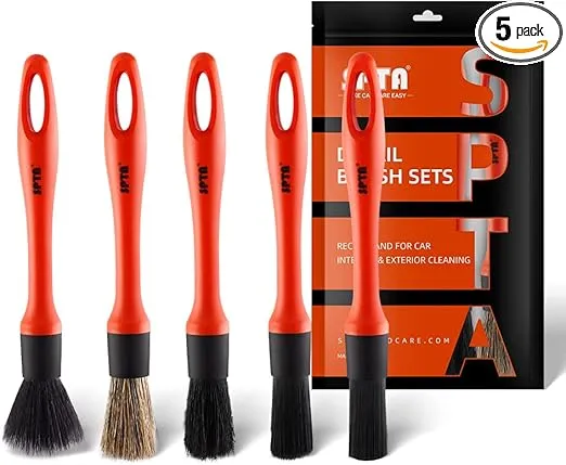 SPTA Car Detailing Brush Set, 5 Pack Soft Mixed Hair Auto Detail Brush Kit No Scratch for Automotive Elegant Surface Interior Exterior Dashboard Emblems Panels Engine Bay Wheels Air Vent Seat Leather