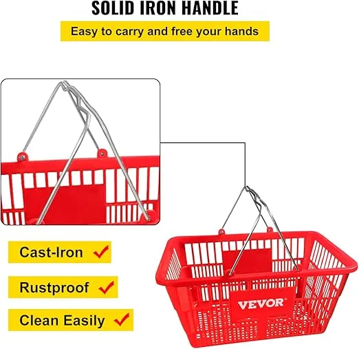 VEVOR Shopping Basket, Set of 12 Red, Durable PE Material with Handle and Stand, Basket Dimension 16.9"L x 11.8"W x 8.07"H and Used for Supermarket, Retail, Grocery-Holds 21 L/5.6 Gal of Merchandise