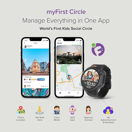 myFirst Fone R2 Kids Smartwatch with eSIM Video Calls Messaging Real-Time GPS Tracking SOS Button Safety Alerts School Mode Music Player Ages 5-12, for USA & Canada Gift for Girls (Nougat White)