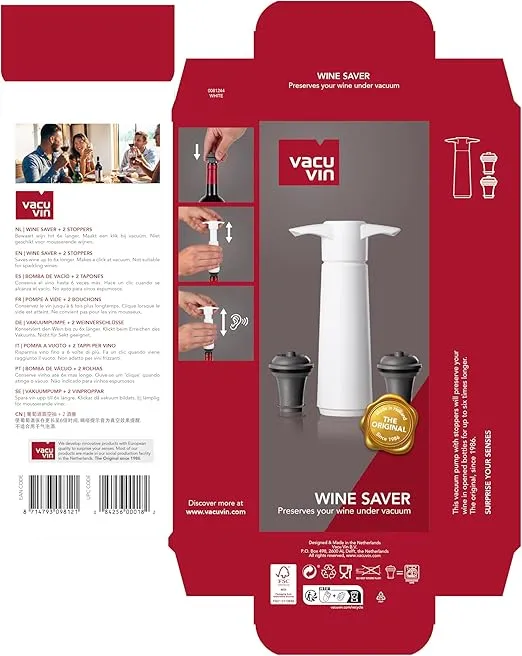 Vacu Vin Wine Saver Pump White with Vacuum Wine Stopper - Keep Your Wine Fresh for up to 10 Days - 1 Pump 2 Stoppers - Reusable - Made in the Netherlands