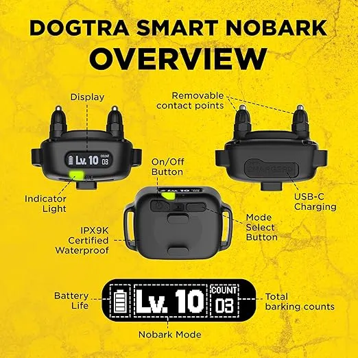 Dogtra Smart NOBARK, detects Whining and Barking, App Control e-Collar, Usage Notification, Behavior Report, Waterproof(IPX9K), 30 Yard Range, Compact Size for 10lbs Dogs, Triple Detection Accuracy.