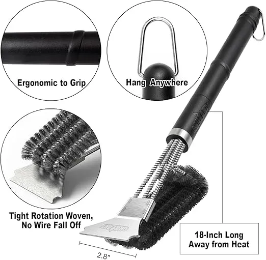 GRILLART Grill Brush and Scraper BBQ Brush for Grill, Safe 18" Stainless Steel Woven Wire 3 in 1 Bristles Grill Cleaning Brush, BR-4516