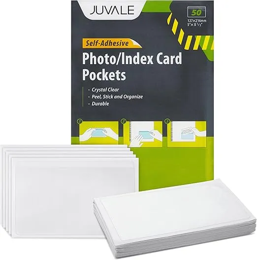50-Pack Clear Adhesive Pockets Sleeves 5x8 for Index Card and Planners, Bulk Top Load Plastic Label Holder Protector for Photos, Note Cards, Office Supplies, Small Business