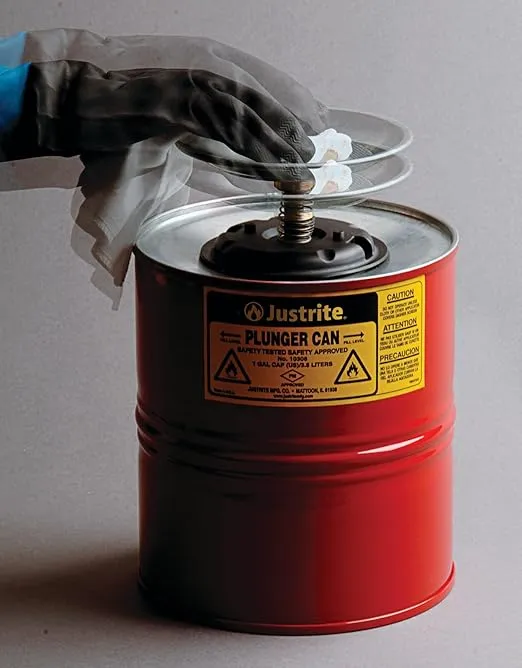 Justrite Plunger Can for Solvents, 1 Gallon Capacity, 10.5" x 7.25" Steel Push-Down Solvent Dispenser Can, Made in The USA Industrial Mechanic Tools, Red, 10308