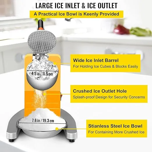 VEVOR 110V Electric Ice Shaver Crusher,300W 1450 RPM Snow Cone Maker Machine with Dual Stainless Steel Blades 210LB/H, Shaved Ice Machine with Ice Plate & Additional Blade for Home and Commercial Use