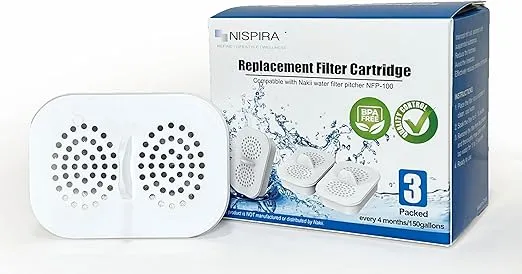 Nispira NFP-100 Filter Replacement for Nakii Water Pitcher Dispenser Removes Chlorine, Lead, Odor, Color Reduce Water Hardness Pack of 6