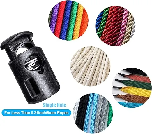 100 Pcs Plastic Cord Locks Single Hole Spring Toggle Stopper Cord Stops Fastener Toggles for Drawstrings, Paracord, Shoelaces, Bags, Clothing, and More, Black