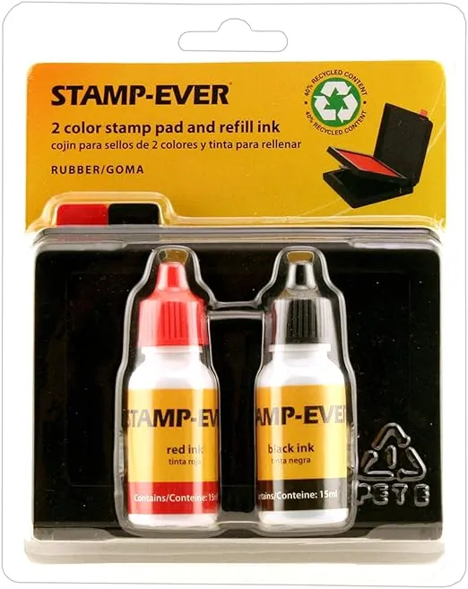 Stamp-Ever Two Color Pad/Refill Ink, Pads Measure 2-3/8 x 4 Inches Each, Two 15ml Bottles of Refill Ink, Black/Red (6193)