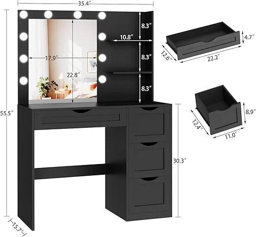usikey Makeup Vanity Desk with Mirror and 10 LED Lights, Makeup Vanity Table with 4 Drawers, Vanity Desk Dressing Table with 2 Storage Shelves, 3 Color Modes Adjustable Brightness for Bedroom,Black