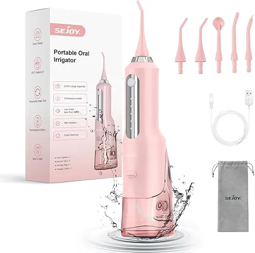 Sejoy Cordless Water Flosser, Water Dental Flosser Water Flossers for Teeth Portable Oral Irrigator Rechargeable for Home Travel Office, 270ML IPX7 Waterproof 5 Cleaning Modes and 5 Jet Tips Pink