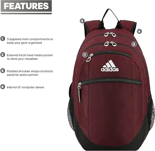 adidas Striker Team Sports Backpack Durable Athletic Gym Laptop Bag for Boys/Girls, Maroon/Black/White/2.0 (28L), One Size