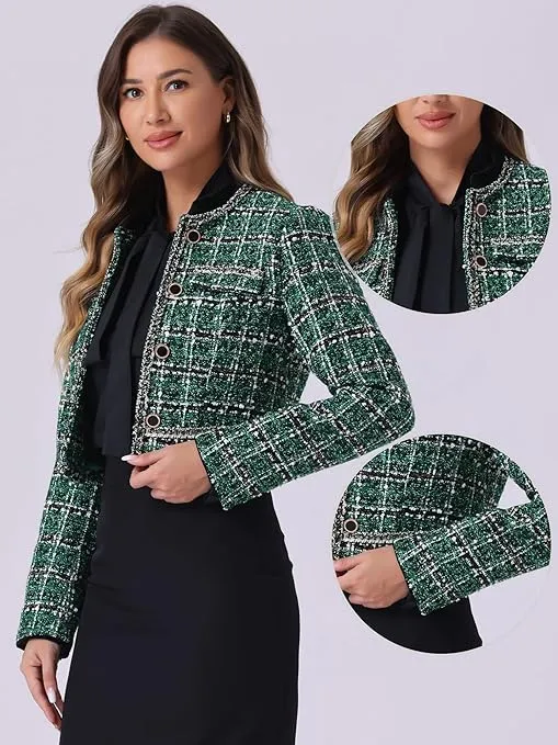 Allegra K Tweed Jacket for Women's Christmas Open Front Office Elegant Crop Blazer