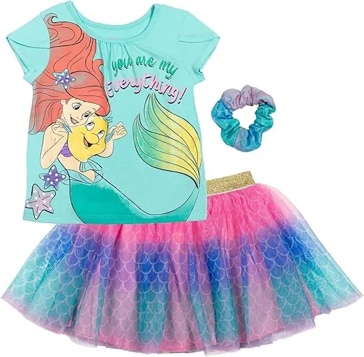 Disney Princess Moana Frozen Girls T-Shirt Tulle Mesh Skirt and Scrunchie 3 Piece Outfit Set Toddler to Big Kid