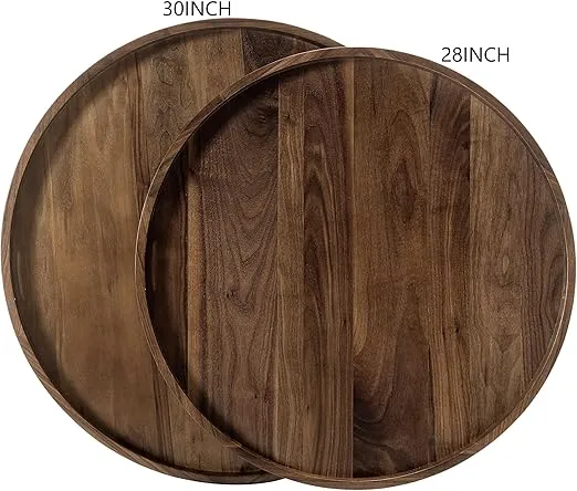 28x 28 inches Extra Large Round Ottoman Table Tray Wooden Solid Serving Tray with Handle Black Walnut Circle Platter Decorative Tray for Oversized Ottoman Home Breakfast in Bed Tea Coffee