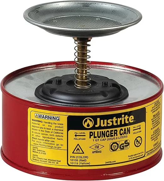 Justrite Plunger Can for Solvents, 1 Quart Capacity, 5.6" x 7.25" Steel Push-Down Solvent Dispenser Can, Made in the USA Industrial Mechanic Tools, Red, 10108