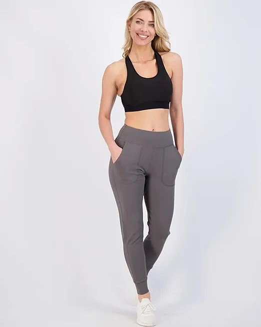 Real Essentials 3 Pack: Women's Joggers with Pockets - High Waist Workout Yoga Tapered Athletic Leggings (Available in Plus)