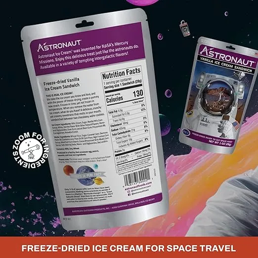 Astronaut Foods Freeze-Dried Ice Cream Sandwich, NASA Space Dessert, Vanilla, 12 Count