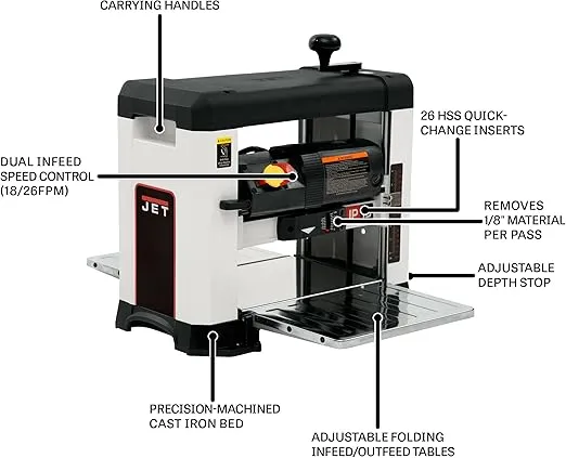 JET 13-Inch Benchtop Planer, Helical Style, 18/26 FPM, 1Ph 120V (JWP-13BT)