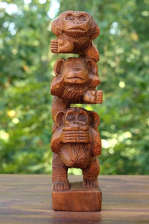 G6 Collection 12" Wooden Hand Carved Stacked 3 Monkeys See, Hear, Speak No Evil Figurines Handmade Art Sculpture Decorative Home Decor Accent Handcrafted Wood Decoration Three Monkeys Statue