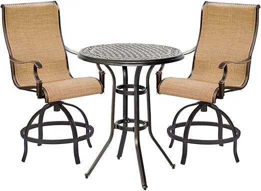Hanover Manor 3-Piece Outdoor Dining Set, Rust Resistant Aluminum Patio Dining Set for 2 with Sling Swivel Rockers and 30" Counter-Height Bistro Patio Table for Backyard, Deck, Patio, and Porch