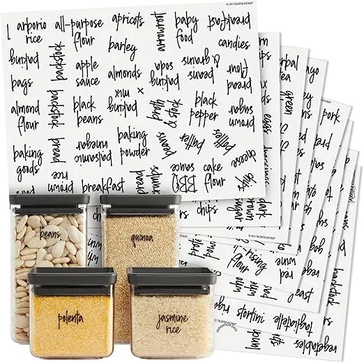 Talented Kitchen 375 Clear Kitchen Labels for Organizing Storage Canisters and Jars, Pantry Labels for Containers Preprinted, Black Script + Numbers +Date Stickers (Water Resistant)