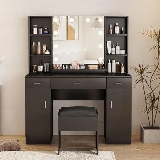 Makeup Vanity Desk with Lights, 3 Lighting Colors, White Vanity Set Makeup Table with 3 Drawers, 2 Cabinets and Multiple Shelves, Large Vanity 45.2in(L) (Black, Large)