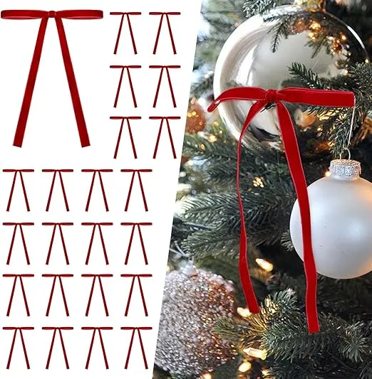 SIMISI RIBBON 24 Pcs Red Velvet Christmas Tree Bows Door Garland Decor Vintage Wreath Bow (3/8'' Width, 5 * 7 inch)