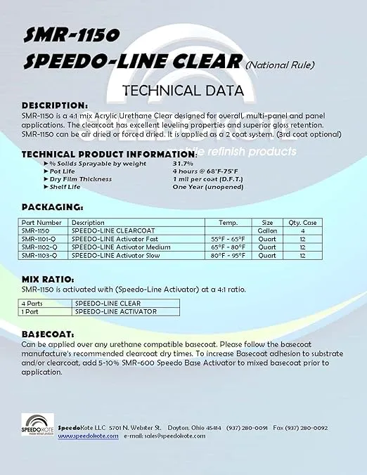 Speedokote Clear Coat 2K Acrylic Urethane, SMR-1150/1102-Q 4:1 Gallon Clearcoat Medium Kit. For California, Delaware, or Maryland, order SS-132.