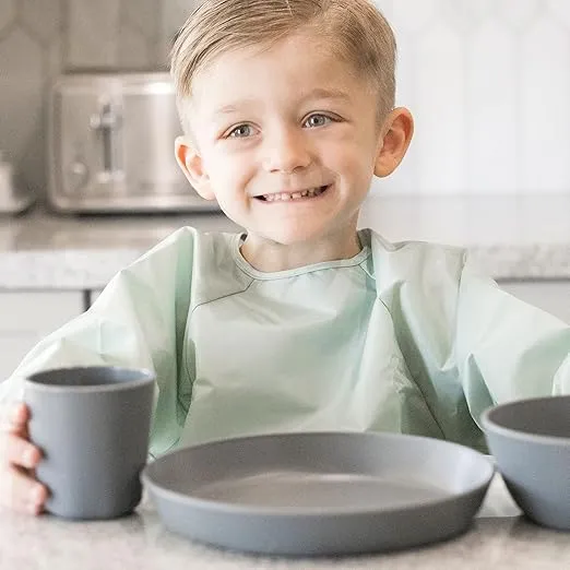 Tiny Twinkle Mess Proof Baby Bib, 2 Pack Full Sleeve Bib Outfit, Waterproof Bib for Toddlers, Machine Washable, Tug Proof, Baby Smock for Eating, Long Sleeve (Sage Charcoal, Large 2-4 Years)