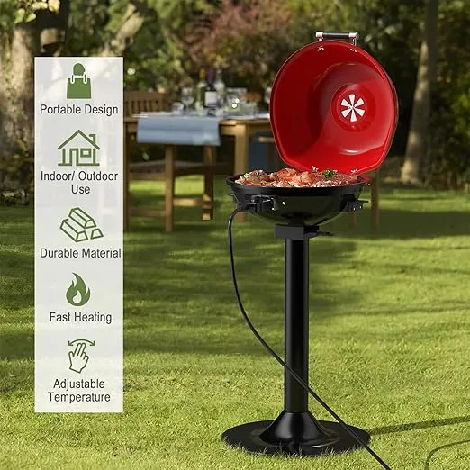Giantex Electric Grill, 1600W Portable Barbecue Grill with Removable Non-Stick Grilling Rack, Adjustable Temperature, Oil Drip Tray, for Indoor Outdoor Picnic Camping Backyard Cooking, Red & Black