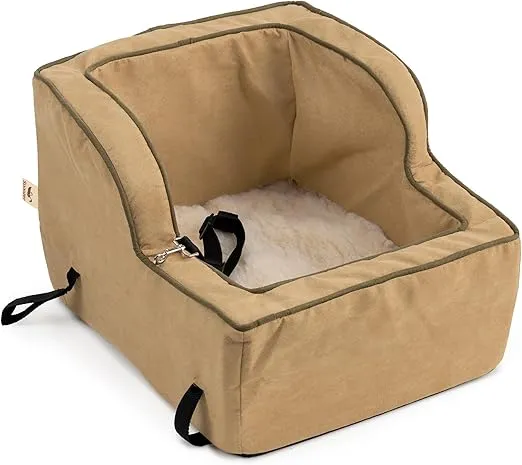 Snoozer XL High Back Console Dog Car Seat Travel Dog Bed Carrier for Dogs up to 20lbs, Provides Safe Pet Travel with Dog Car Seat Belt Harness Strap, Removable Machine Washable Camel Cover