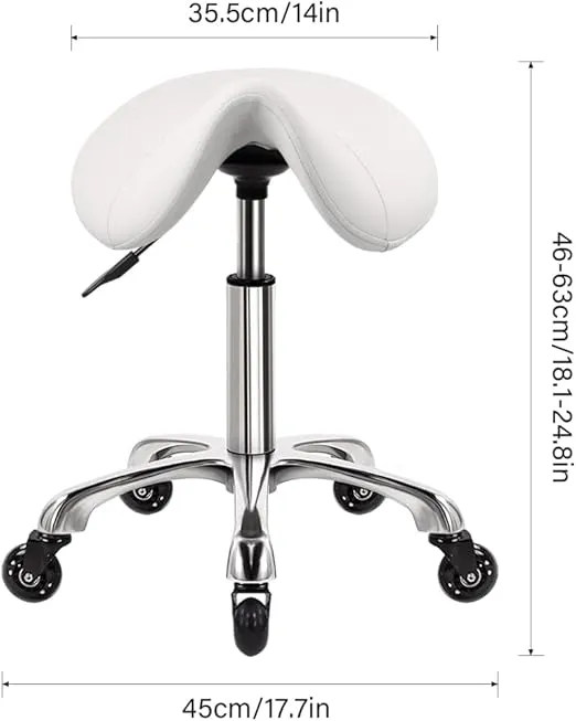 Heavy Duty Saddle Rolling Stool with Wheels Hydraulic Swivel Adjustable Rolling Stool Ergonomic Thick Leather Seat Stool Chair for Kitchen Drafting Lab Office Salon Message Stool – White