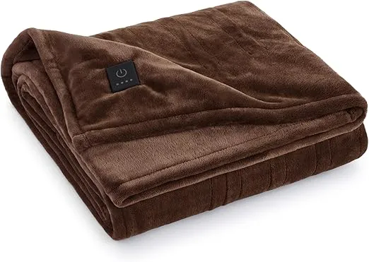 Brookstone Heated Plush Throw Heated Blanket Throw - Heated Throw Blanket Electric - Heated Blankets - 4 Heat Settings, 4-Hour Auto Shut Off, 100% Polyester, 50"x60" - Brown Solid