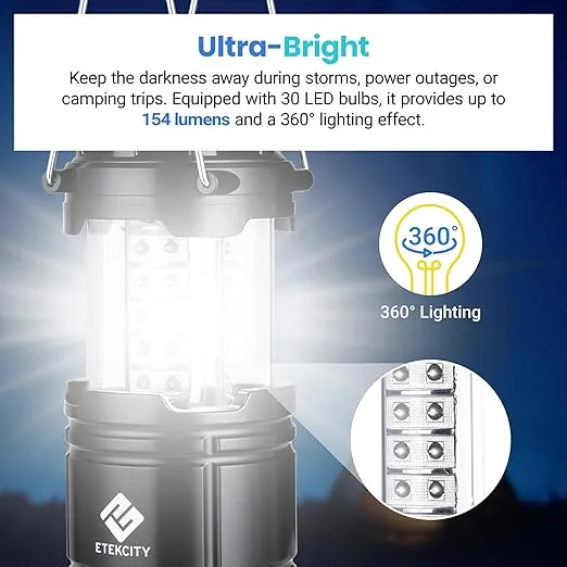 Etekcity Lantern Camping Essentials , Led Flashlight for Power Outages, Battery Operated Lights for Emergency Supplies, Survival Kit and Gear for Hurricane, 2 Pack, Black