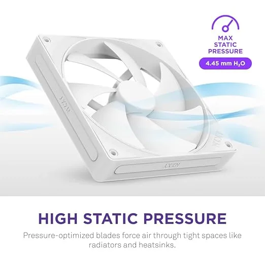 NZXT F120P, 120mm Static Pressure PC Case Fan, Ideal for Radiators & Heatsinks, High Static Pressure, Rear Chamfer Intake, Fluid Dynamic Bearings, Low Noise, PWM Control, White