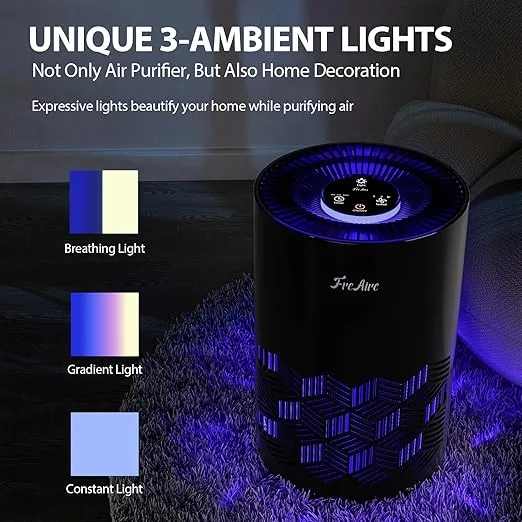 FreAire Air Purifiers, HEPA Air Purifier for Bedroom with RGB Lights Air Purifiers for Dust Pets Smoke Pollen Dander Smell, Portable Air Purifier with Air Filter For Home (Black)
